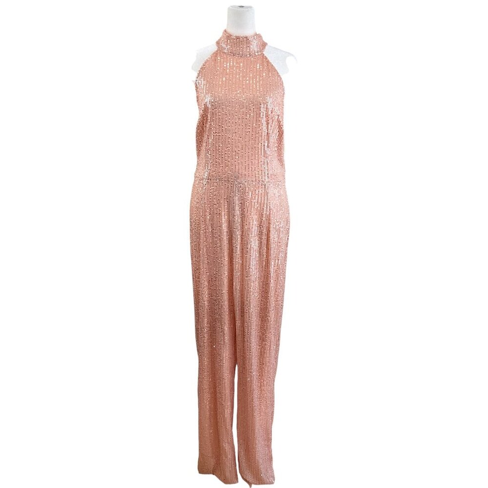 Rose Gold Sequin Halter Wide-Leg Jumpsuit – Open Back